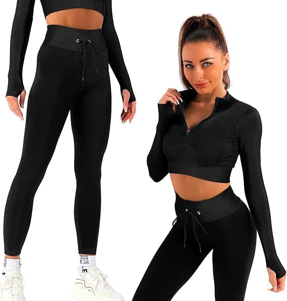 K-MART Gym sets for women 2 piece zip up jacket Workout outfits, Cropped Top, Long Sleeve, Leggings Set for Running, Yoga, Gym, Sports Activity