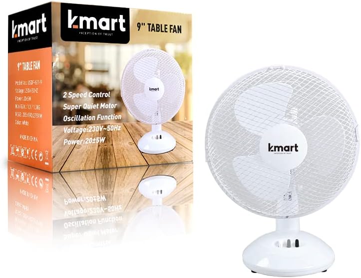 K-MART Quality Portable Desk Fan, 2 Speed, Quiet Operation, Oscillating, Desktop/Bedside Fan, Ideal for Home and Office, White (9 Inch)