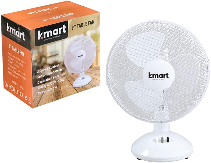 K-MART Quality Portable Desk Fan, 2 Speed, Quiet Operation, Oscillating, Desktop/Bedside Fan, Ideal for Home and Office, White (9 Inch)