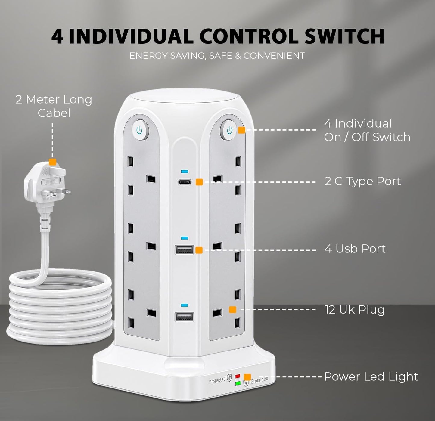 K-MART Tower Extension Lead with USB Slots 2M, USB C Fast Charger, 4 USB Ports and 12 Way Extension Tower, Surge Protected Extension Lead with Switch, Extension Cable for Home, Office