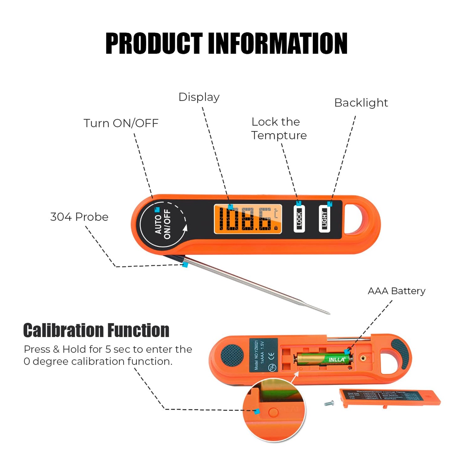 Meat Thermometer with Foldable Food Temperature Probe, Waterproof Food Thermometer with Backlight LCD Screen & Auto On/Off, Cooking Thermometer for Meat, BBQ, Water, Milk, Cooking Food