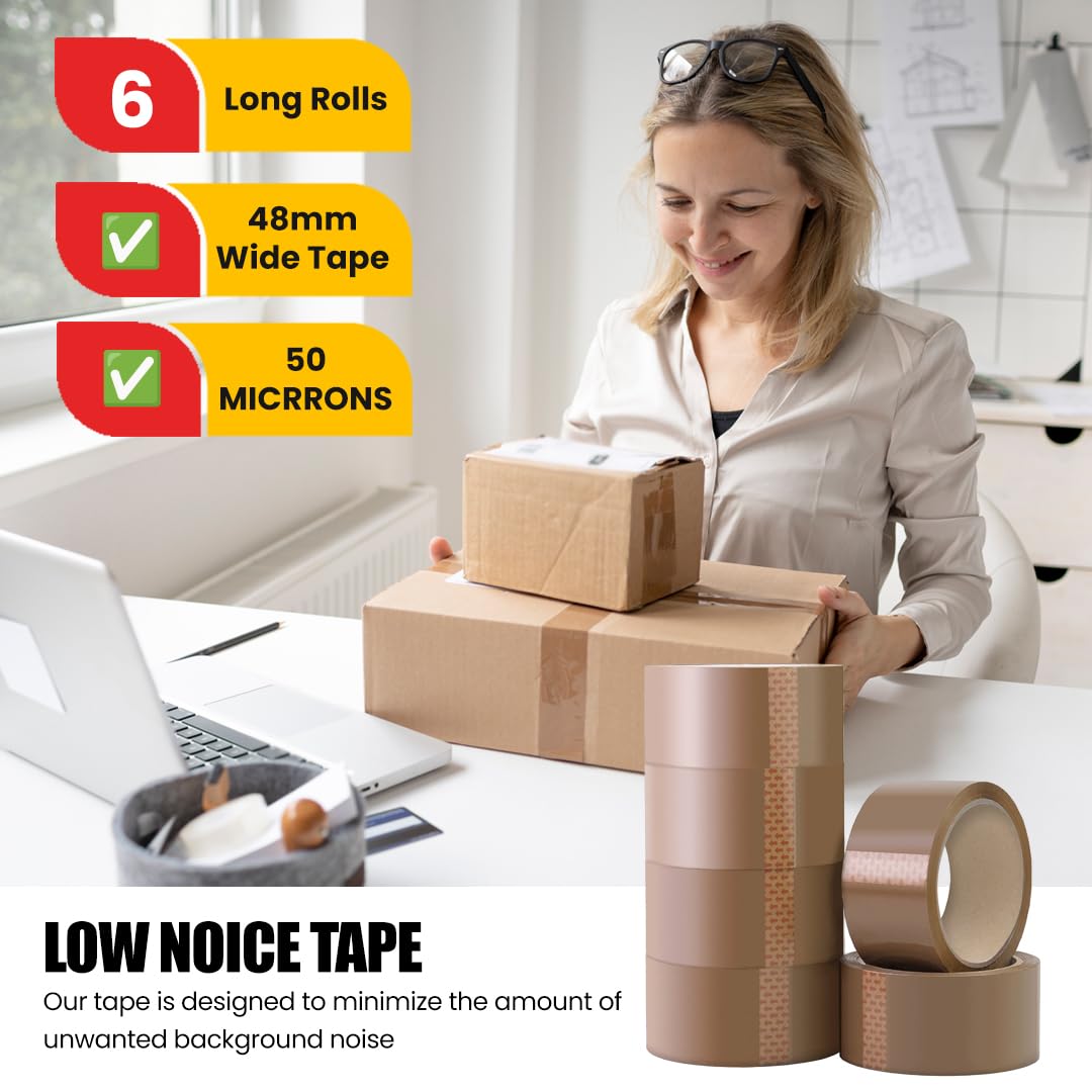 K-MART Packaging Tape, Industrial Duty Brown Parcel Tape 6 Rolls With Low Noise - 48mm X 66m, Secure Sticky Brown Tape For Box Packaging, Moving Boxes, Packing Tape Strong For Moving House