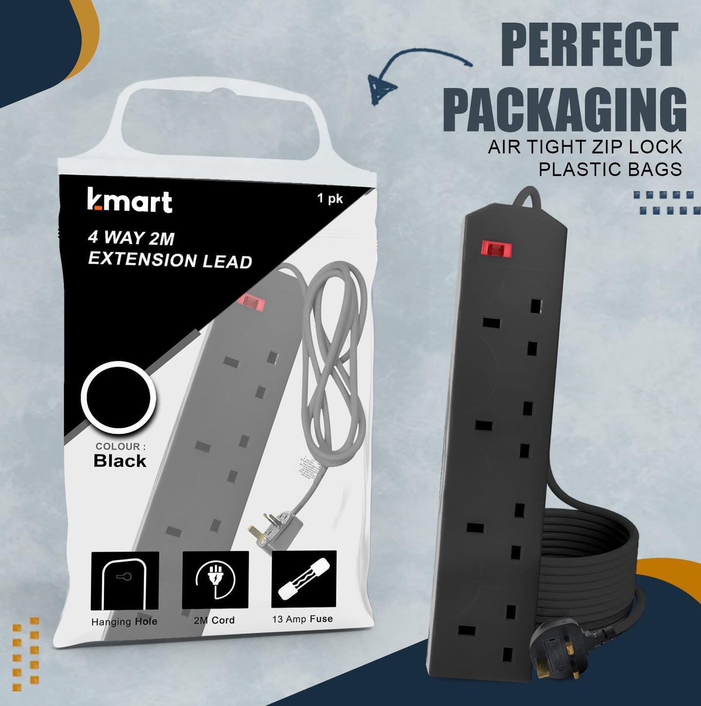 K-MART 4 Gang 2 Metre Extension Lead UK Pin Plug And Cable | 250v Power Adapter Multi Plug Extension Socket Strip For Home And Office | Wall Mountable Extension Cable | 3 Pin Extension Cords