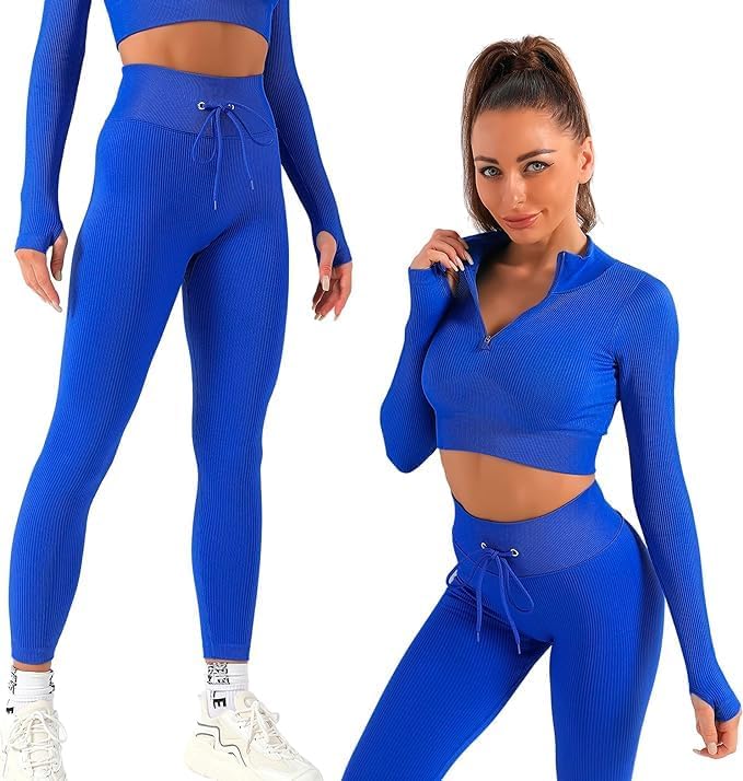 K-MART Gym sets for women 2 piece zip up jacket Workout outfits, Cropped Top, Long Sleeve, Leggings Set for Running, Yoga, Gym, Sports Activity