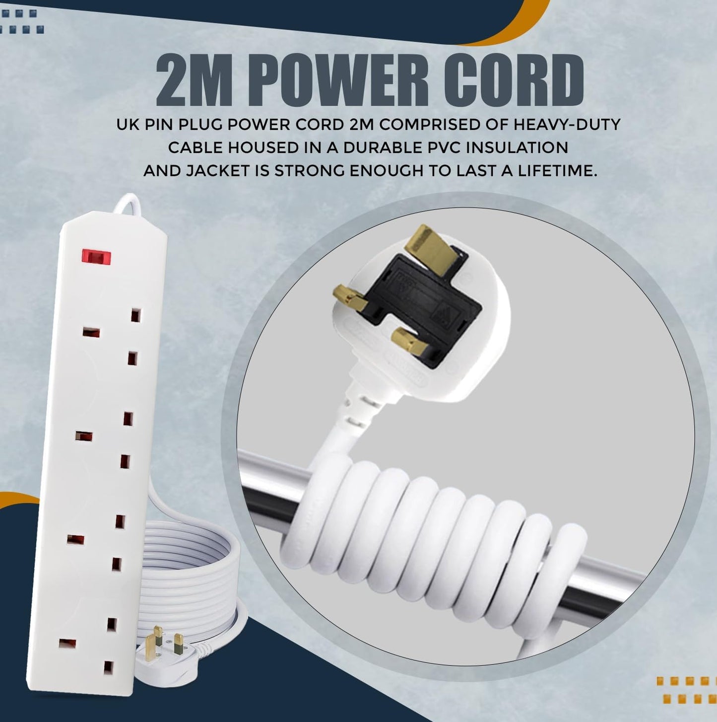 K-MART 4 Gang 2 Metre Extension Lead UK Pin Plug And Cable | 250v Power Adapter Multi Plug Extension Socket Strip For Home And Office | Wall Mountable Extension Cable | 3 Pin Extension Cords