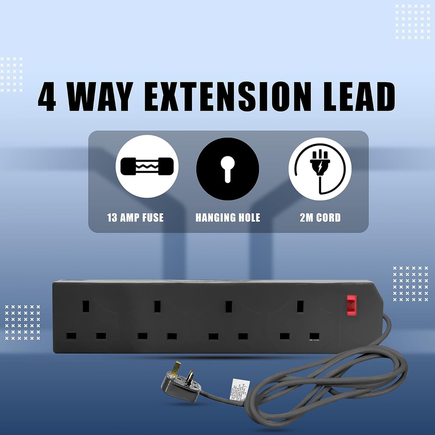 Heavy Duty Extension Lead UK Pin Plug and Cable, 4 Gang Way 2m Power Adapter, Multi Socket Mains Strip