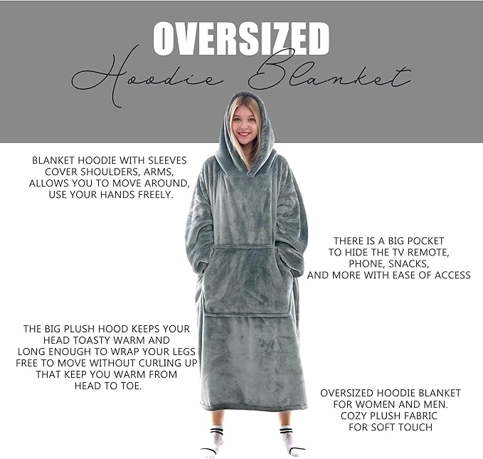 Oversized Blanket Hoodie for Men & Women, Super Soft Warm Cozy Wearable Sweatshirt Hoodie for Adults Thick Flannel Blanket with Sleeves and Giant Pocket, One Size