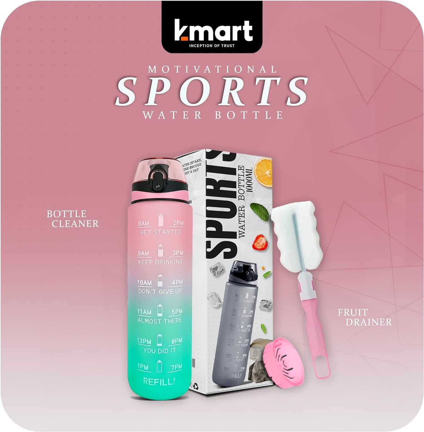 K-MART Sports Water Bottle with Straw and Time Marking, and 32OZ Capacity - Motivational and Eco-Friendly BPA-Free Bottle for Running, Gym, Yoga, Outdoors, and Camping