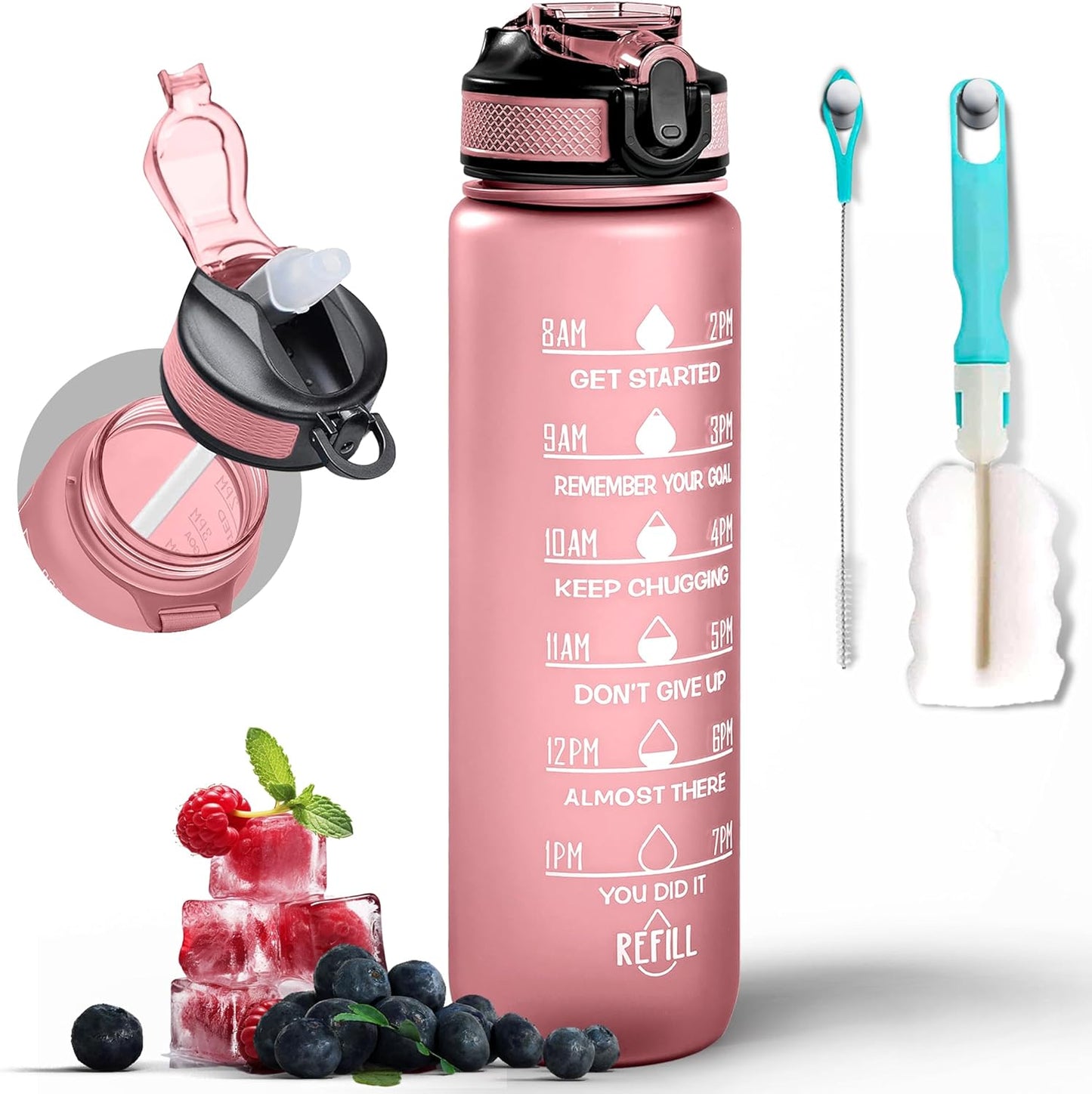 K-MART Water Bottle 1000ml Sports Water Bottle with Motivational Time Marker & Straw, Dishwasher Safe Leak-proof Drink Bottle BPA Free Non-Toxic Tritan Material 1 Click Open for Running Gym