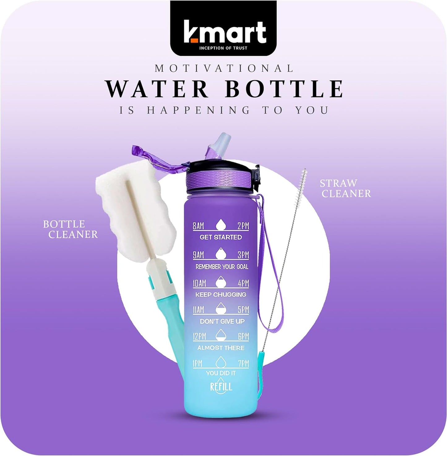 K-MART Sports Water Bottle with Straw and Time Marking, and 32OZ Capacity - Motivational and Eco-Friendly BPA-Free Bottle for Running, Gym, Yoga, Outdoors, and Camping