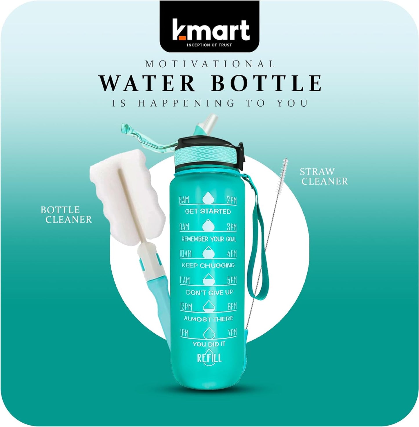 K-MART Sports Water Bottle with Straw and Time Marking, and 32OZ Capacity - Motivational and Eco-Friendly BPA-Free Bottle for Running, Gym, Yoga, Outdoors, and Camping