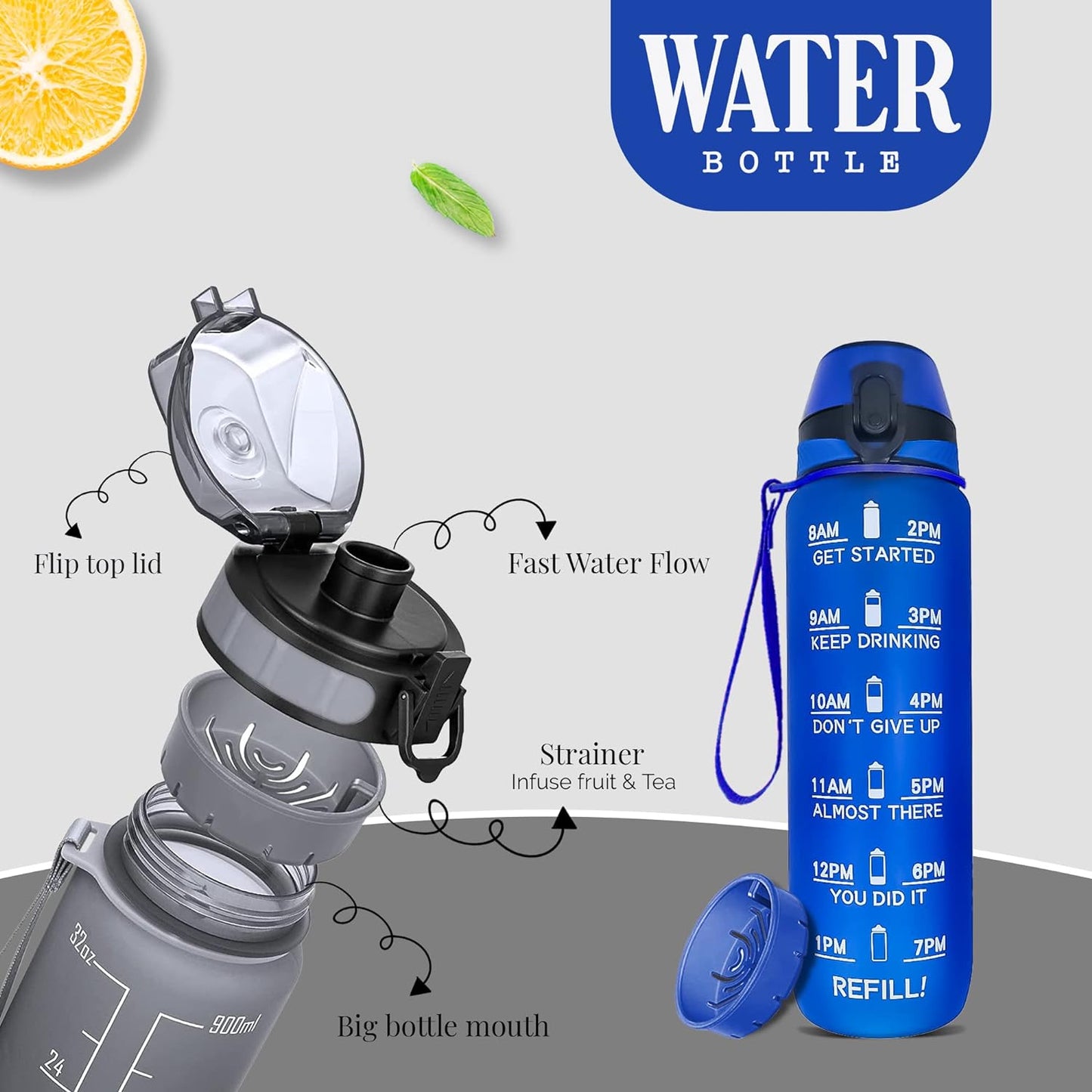 K-MART Water Bottle 1L Sports Water Bottle with Motivational Time Marker, Dishwasher Safe Leak-proof Drink Bottle BPA Free Non-Toxic for Running,cycling, Gym, School & Office