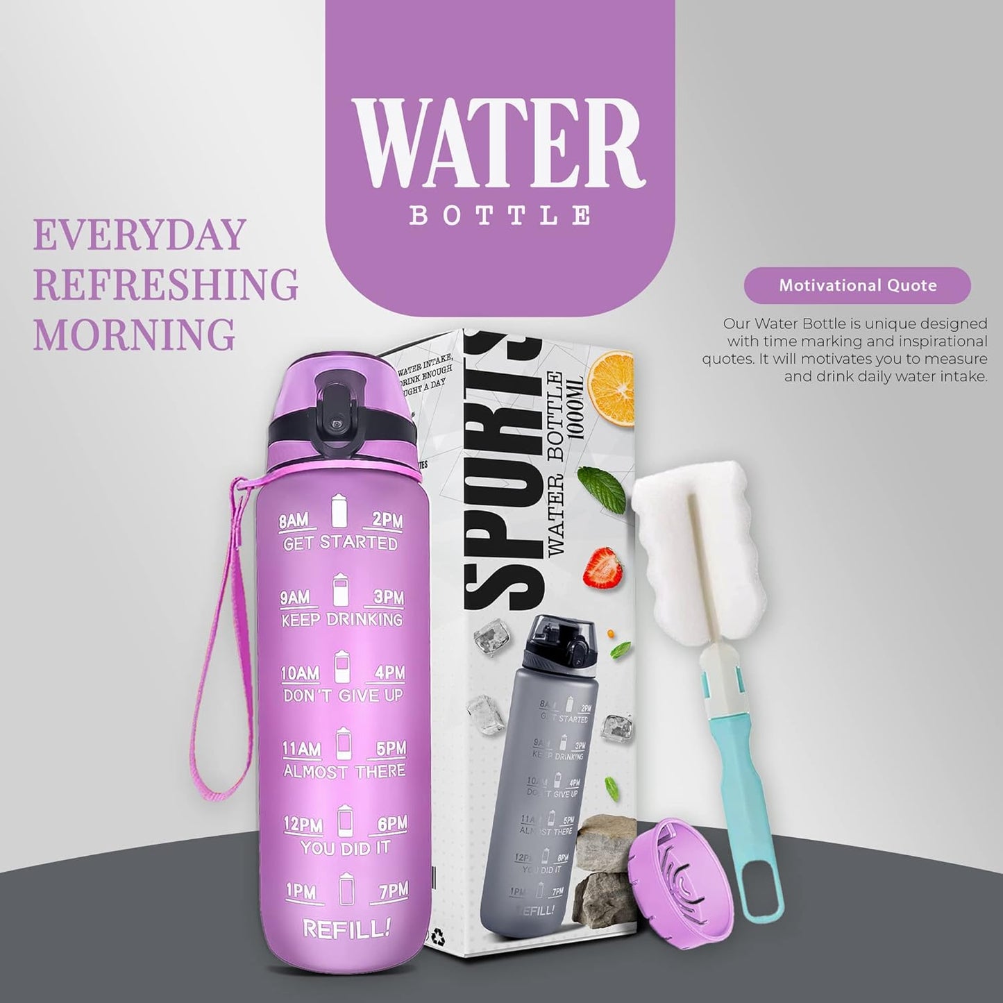 K-MART Water Bottle 1L Sports Water Bottle with Motivational Time Marker, Dishwasher Safe Leak-proof Drink Bottle BPA Free Non-Toxic for Running,cycling, Gym, School & Office