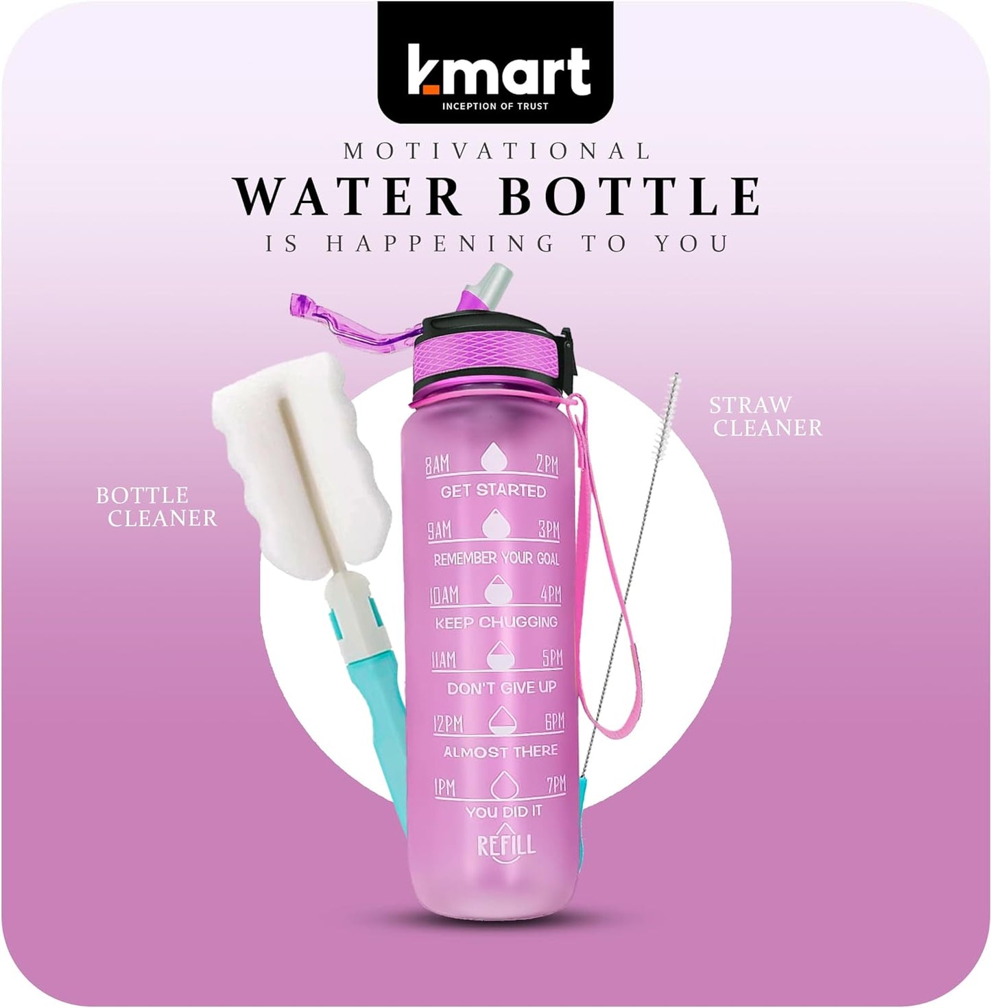 K-MART Sports Water Bottle with Straw and Time Marking, and 32OZ Capacity - Motivational and Eco-Friendly BPA-Free Bottle for Running, Gym, Yoga, Outdoors, and Camping