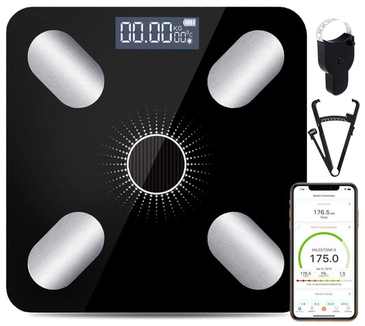 Rechargeable LED Weighing Scales for Body Weight and Fat│Solar Power Smart Digital Bathroom Scales for High Precision 17 Health Metrics│Bluetooth Smart APP Compatible with iOS Android│Unlimited Users