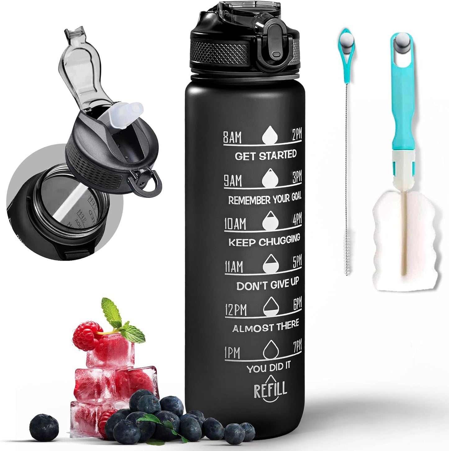 K-MART Water Bottle 1000ml Sports Water Bottle with Motivational Time Marker & Straw, Dishwasher Safe Leak-proof Drink Bottle BPA Free Non-Toxic Tritan Material 1 Click Open for Running Gym