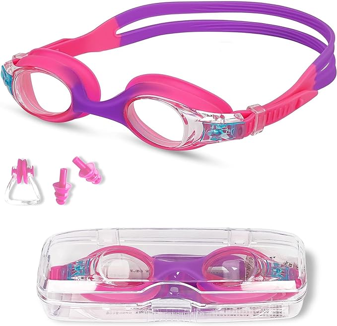 K-MART Kids Swimming Goggles for Boys Girls Anti Fog No Leakage UV Protection Childrens Swimming Goggles Food Grade Silicone Comfort with Portable Carry Case Nose Clip (Age 3-12)