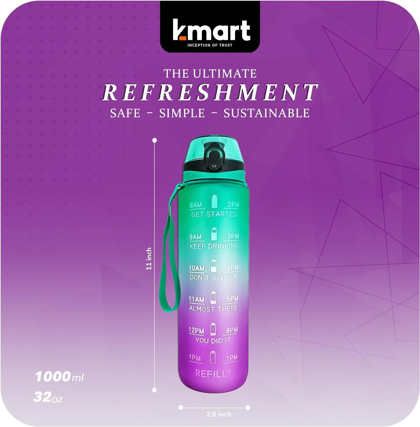 K-MART Sports Water Bottle with Straw and Time Marking, and 32OZ Capacity - Motivational and Eco-Friendly BPA-Free Bottle for Running, Gym, Yoga, Outdoors, and Camping