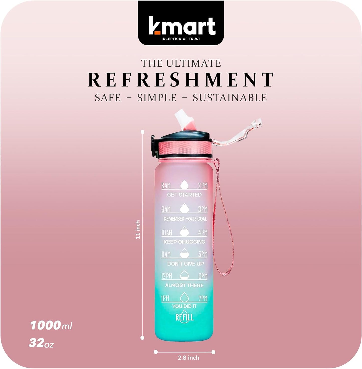 K-MART Sports Water Bottle with Straw and Time Marking, and 32OZ Capacity - Motivational and Eco-Friendly BPA-Free Bottle for Running, Gym, Yoga, Outdoors, and Camping