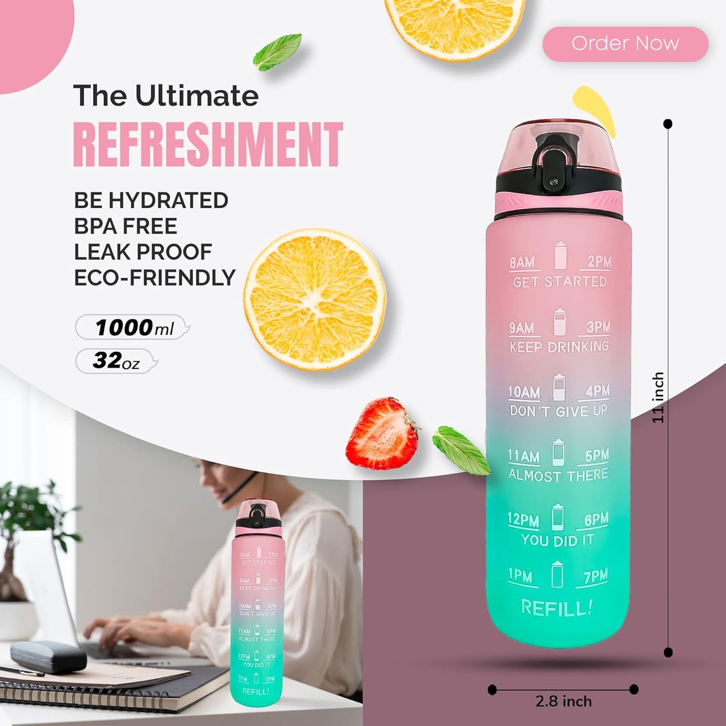 K-MART Water Bottle 1L Sports Water Bottle with Motivational Time Marker, Dishwasher Safe Leak-proof Drink Bottle BPA Free Non-Toxic for Running,cycling, Gym, School & Office