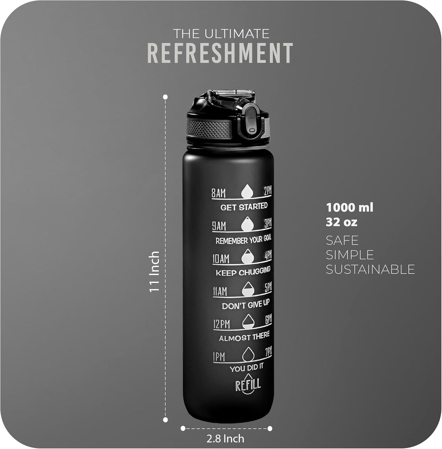 K-MART 1000ml Water Bottle with Time Marking, and 32OZ Capacity - Motivational and Eco-Friendly BPA-Free Bottle for Running, Gym, Yoga, Outdoors, and Camping