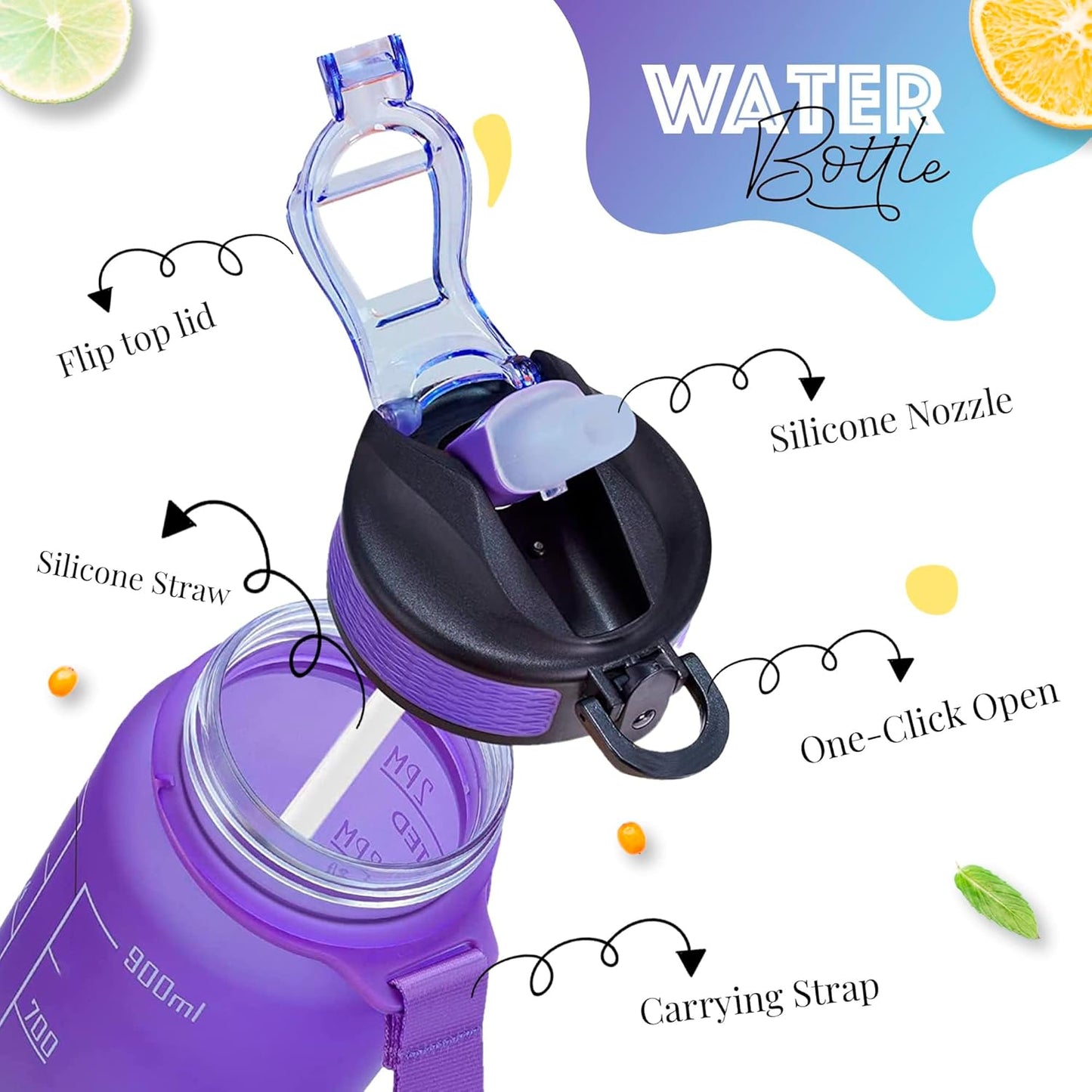 K-MART Water Bottle 1000ml Sports Water Bottle with Motivational Time Marker & Straw, Dishwasher Safe Leak-proof Drink Bottle BPA Free Non-Toxic Tritan Material 1 Click Open for Running Gym