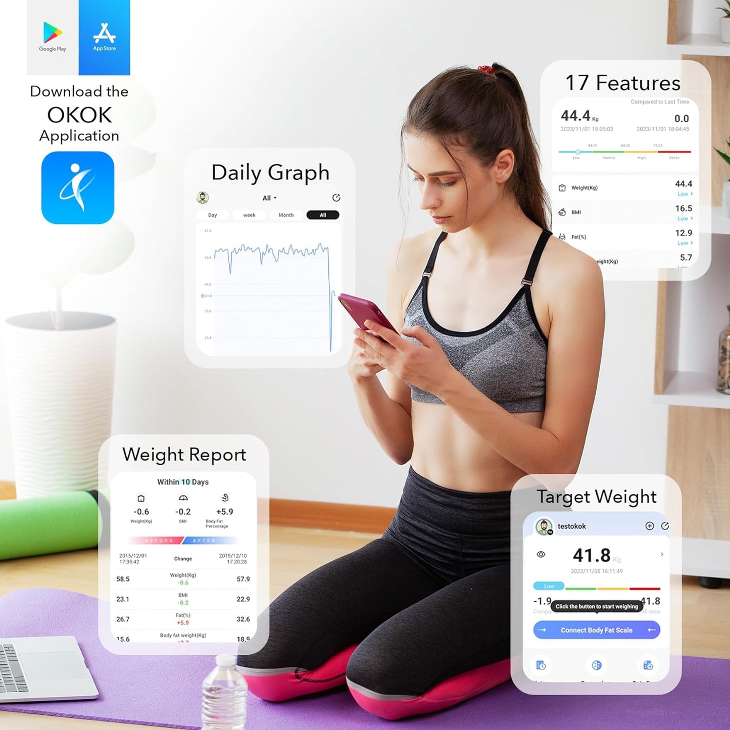 Rechargeable LED Weighing Scales for Body Weight and Fat│Solar Power Smart Digital Bathroom Scales for High Precision 17 Health Metrics│Bluetooth Smart APP Compatible with iOS Android│Unlimited Users