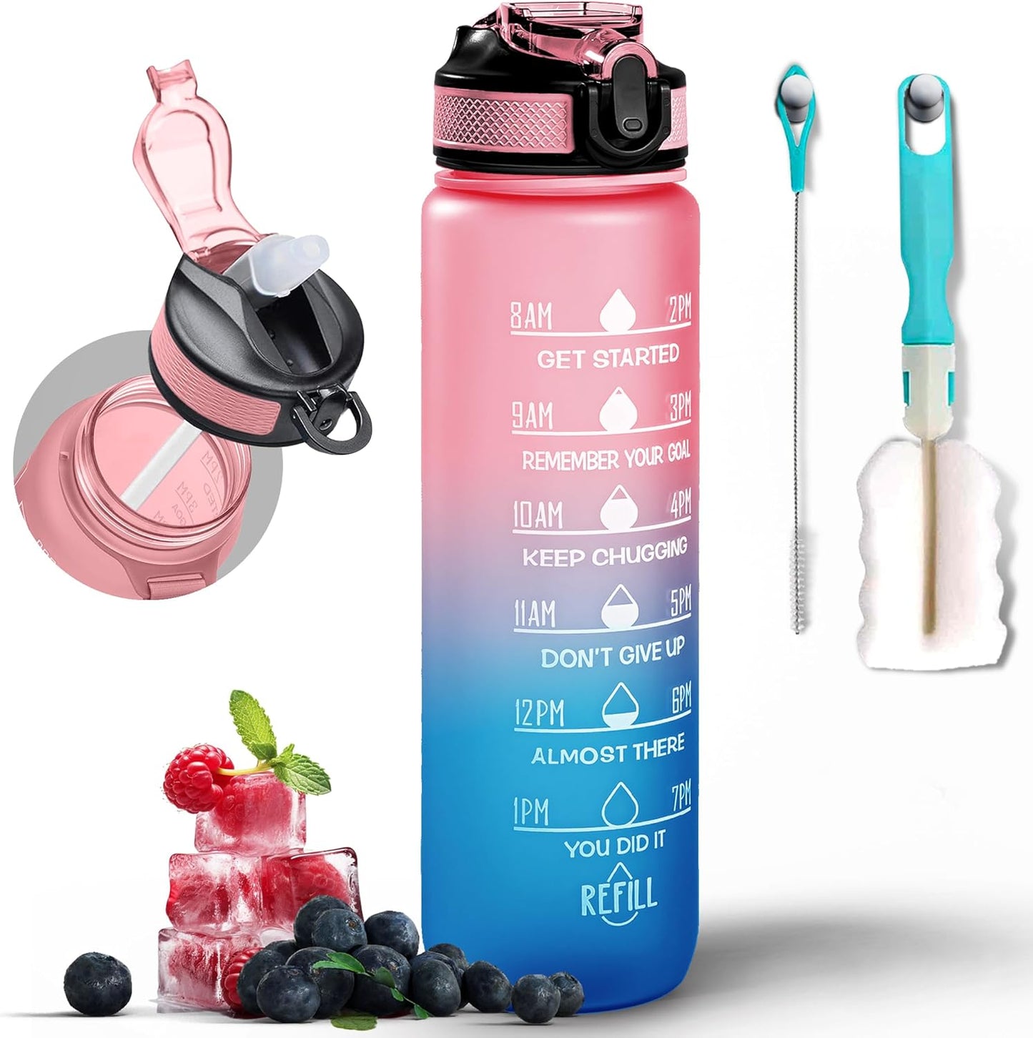 K-MART Water Bottle 1000ml Sports Water Bottle with Motivational Time Marker & Straw, Dishwasher Safe Leak-proof Drink Bottle BPA Free Non-Toxic Tritan Material 1 Click Open for Running Gym