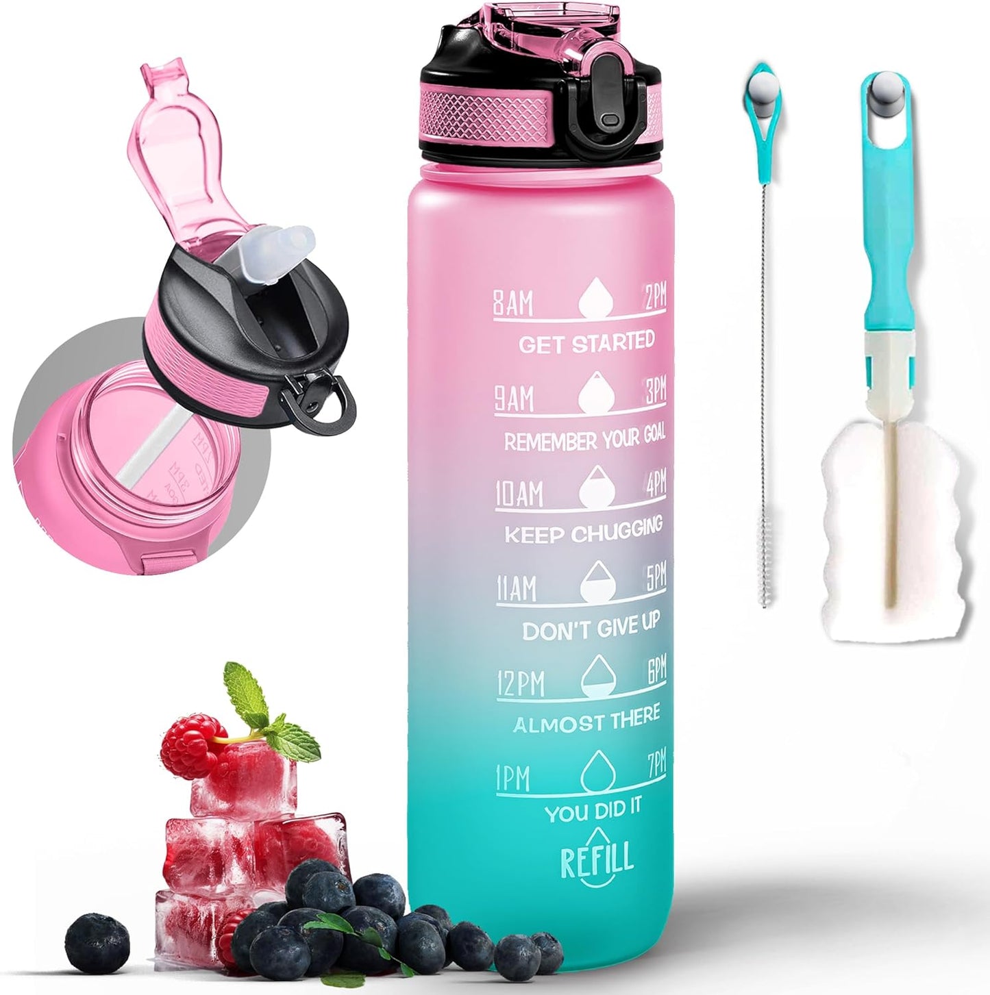 K-MART Water Bottle 1000ml Sports Water Bottle with Motivational Time Marker & Straw, Dishwasher Safe Leak-proof Drink Bottle BPA Free Non-Toxic Tritan Material 1 Click Open for Running Gym