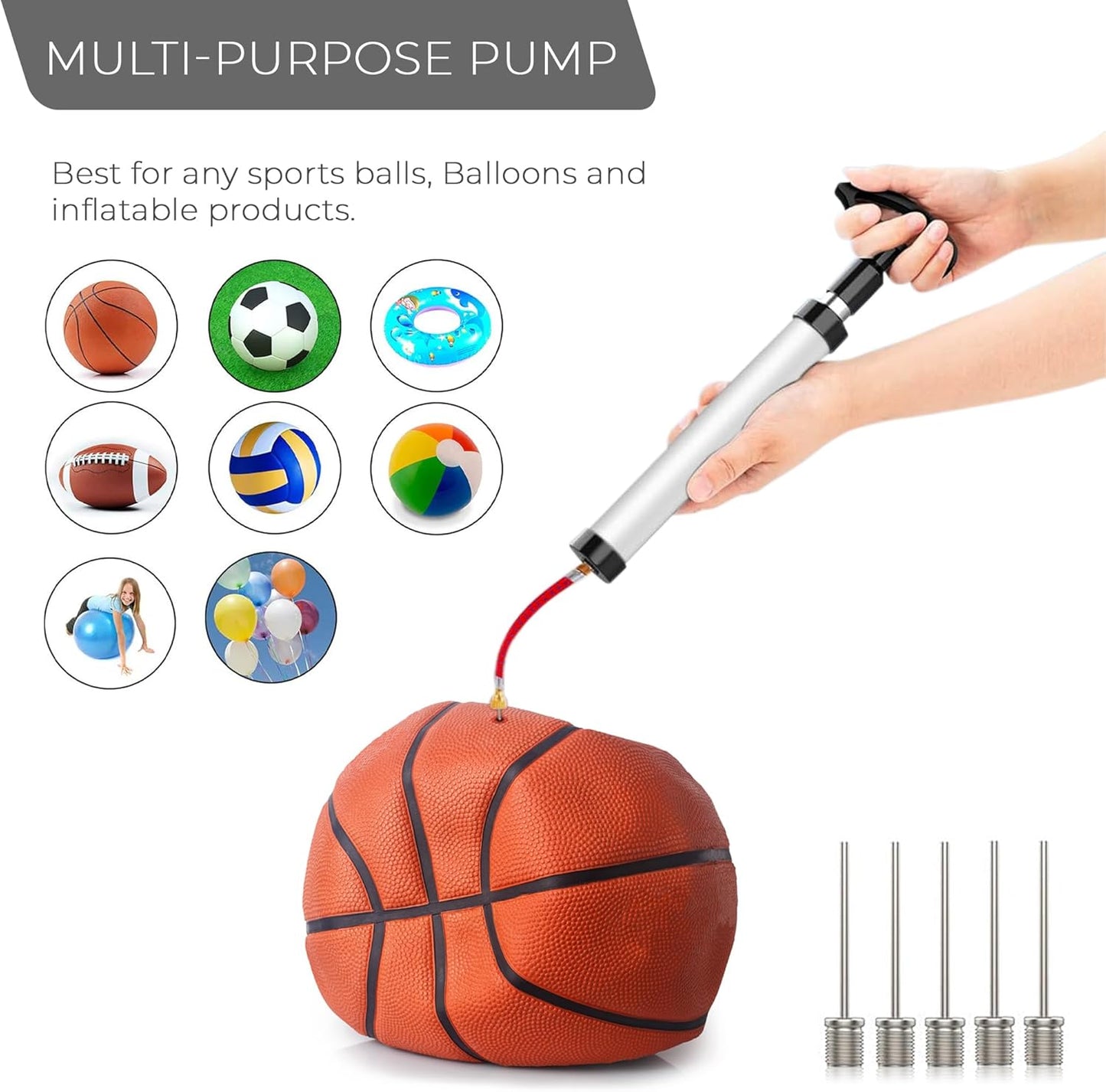 Ball Pump with Needle, Nozzle and Extension Hose for Football, Basketball Pump, Bike & Bicycle Pump, Rugby Balls - Durable Aluminium-alloy Tube, Ergonomic Design, Fast Air Inflator