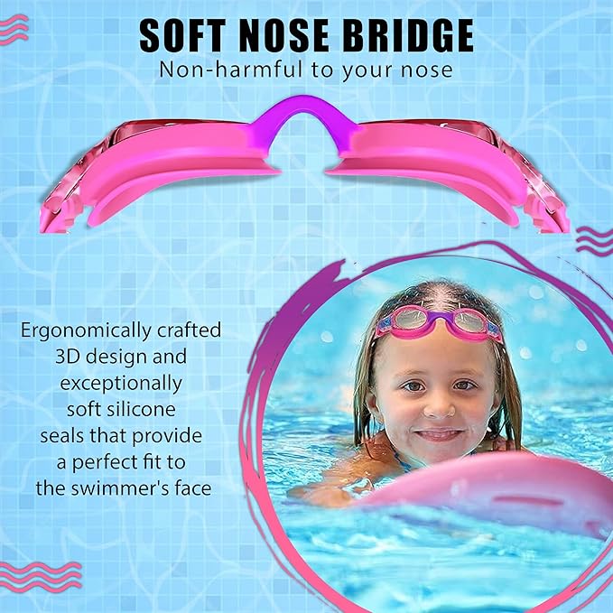 K-MART Kids Swimming Goggles for Boys Girls Anti Fog No Leakage UV Protection Childrens Swimming Goggles Food Grade Silicone Comfort with Portable Carry Case Nose Clip (Age 3-12)