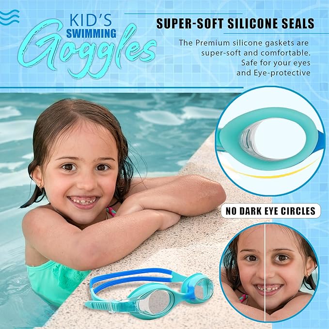 K-MART Kids Swimming Goggles for Boys Girls Anti Fog No Leakage UV Protection Childrens Swimming Goggles Food Grade Silicone Comfort with Portable Carry Case Nose Clip (Age 3-12)