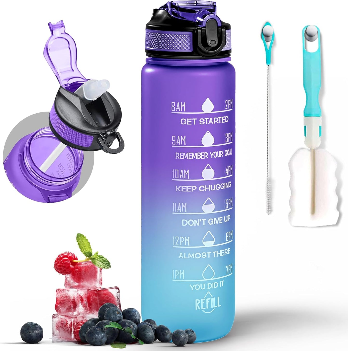 K-MART Water Bottle 1000ml Sports Water Bottle with Motivational Time Marker & Straw, Dishwasher Safe Leak-proof Drink Bottle BPA Free Non-Toxic Tritan Material 1 Click Open for Running Gym