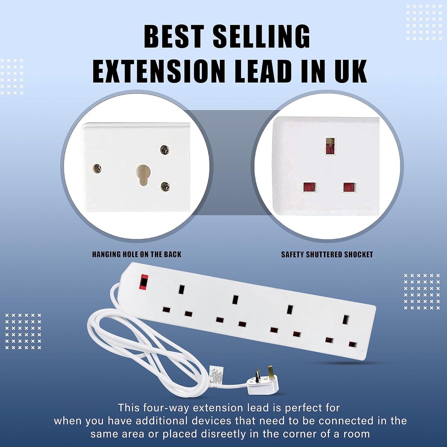 Heavy Duty Extension Lead UK Pin Plug and Cable, 4 Gang Way 2m Power Adapter, Multi Socket Mains Strip