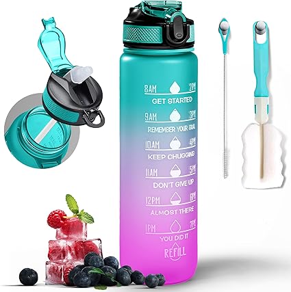 K-MART Water Bottle 1000ml Sports Water Bottle with Motivational Time Marker & Straw, Dishwasher Safe Leak-proof Drink Bottle BPA Free Non-Toxic Tritan Material 1 Click Open for Running Gym