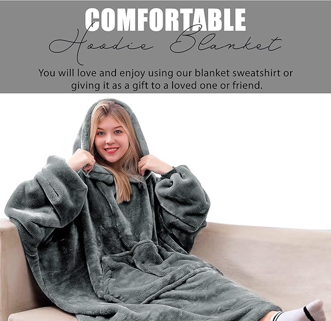 Oversized Blanket Hoodie for Men & Women, Super Soft Warm Cozy Wearable Sweatshirt Hoodie for Adults Thick Flannel Blanket with Sleeves and Giant Pocket, One Size