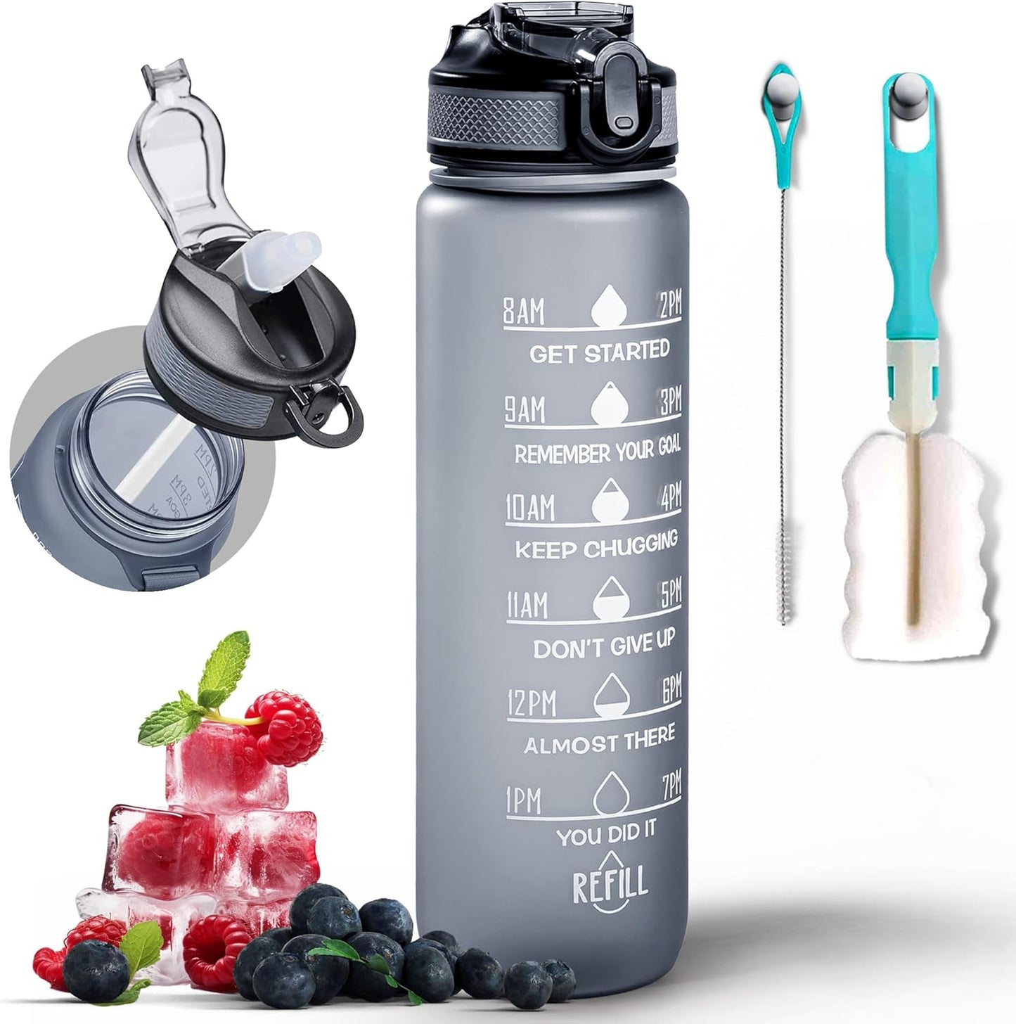 K-MART Water Bottle 1000ml Sports Water Bottle with Motivational Time Marker & Straw, Dishwasher Safe Leak-proof Drink Bottle BPA Free Non-Toxic Tritan Material 1 Click Open for Running Gym