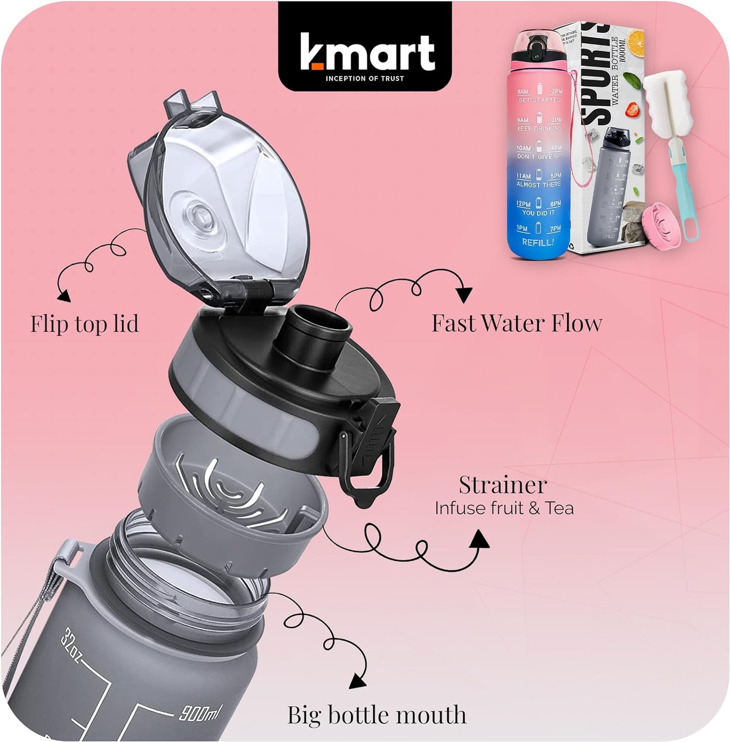 K-MART Sports Water Bottle with Straw and Time Marking, and 32OZ Capacity - Motivational and Eco-Friendly BPA-Free Bottle for Running, Gym, Yoga, Outdoors, and Camping