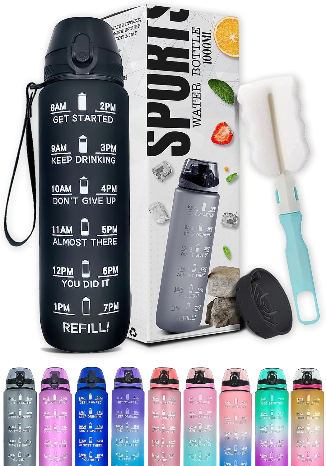 K-MART Sports Water Bottle with Straw and Time Marking, and 32OZ Capacity - Motivational and Eco-Friendly BPA-Free Bottle for Running, Gym, Yoga, Outdoors, and Camping