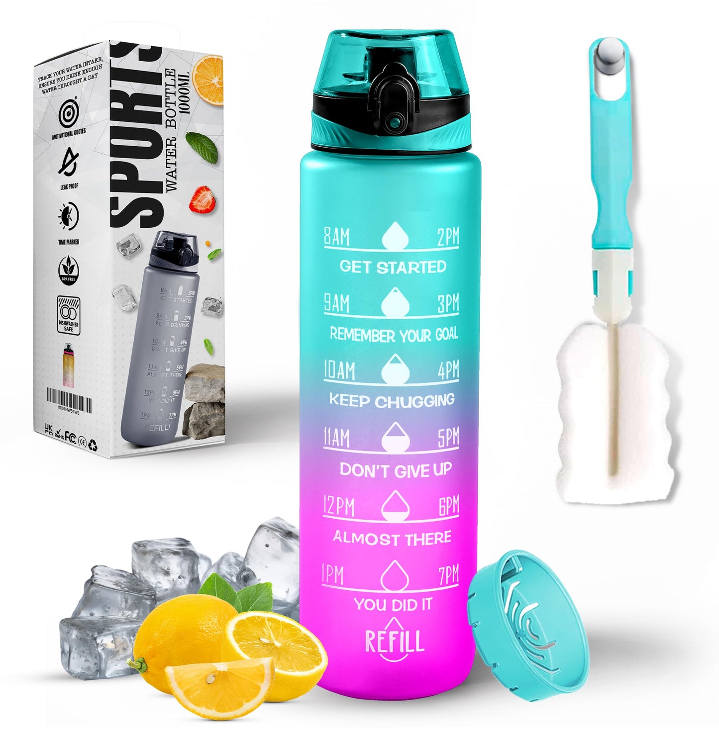 K-MART 1000ml Water Bottle with Time Marking, and 32OZ Capacity - Motivational and Eco-Friendly BPA-Free Bottle for Running, Gym, Yoga, Outdoors, and Camping