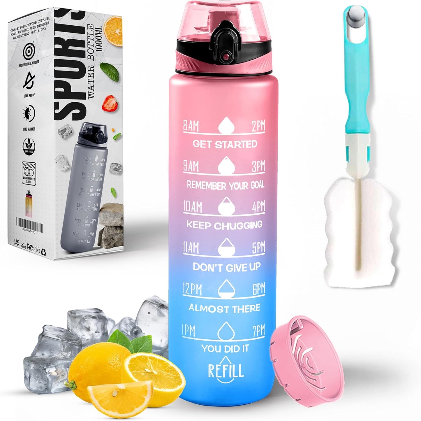 K-MART 1000ml Water Bottle with Time Marking, and 32OZ Capacity - Motivational and Eco-Friendly BPA-Free Bottle for Running, Gym, Yoga, Outdoors, and Camping