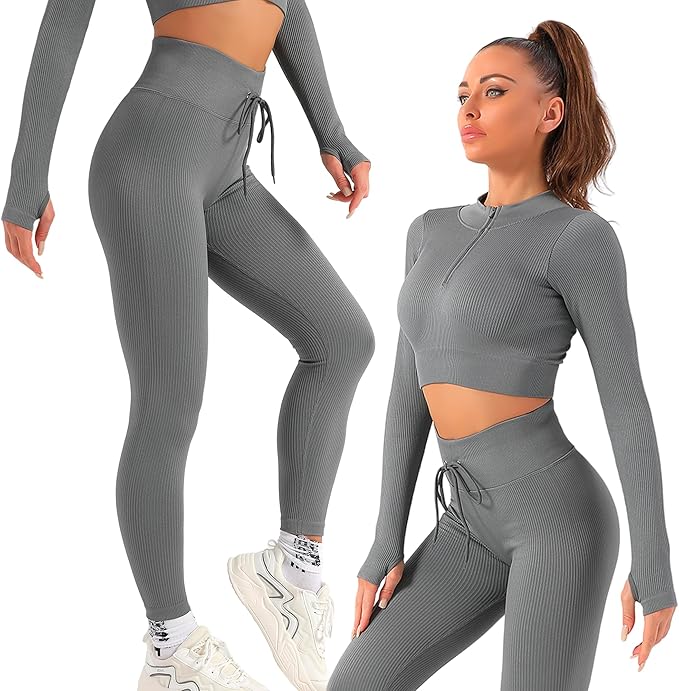 K-MART Gym sets for women 2 piece zip up jacket Workout outfits, Cropped Top, Long Sleeve, Leggings Set for Running, Yoga, Gym, Sports Activity