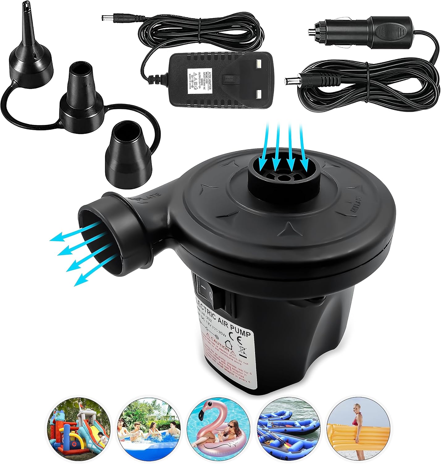 K-Mart Electric Air Pump with 3 Nozzles/Inflate Or Deflate Swimming Ring, Airbeds, Paddling Pools & Other Toys / AC110-240V/ DC12V/50W