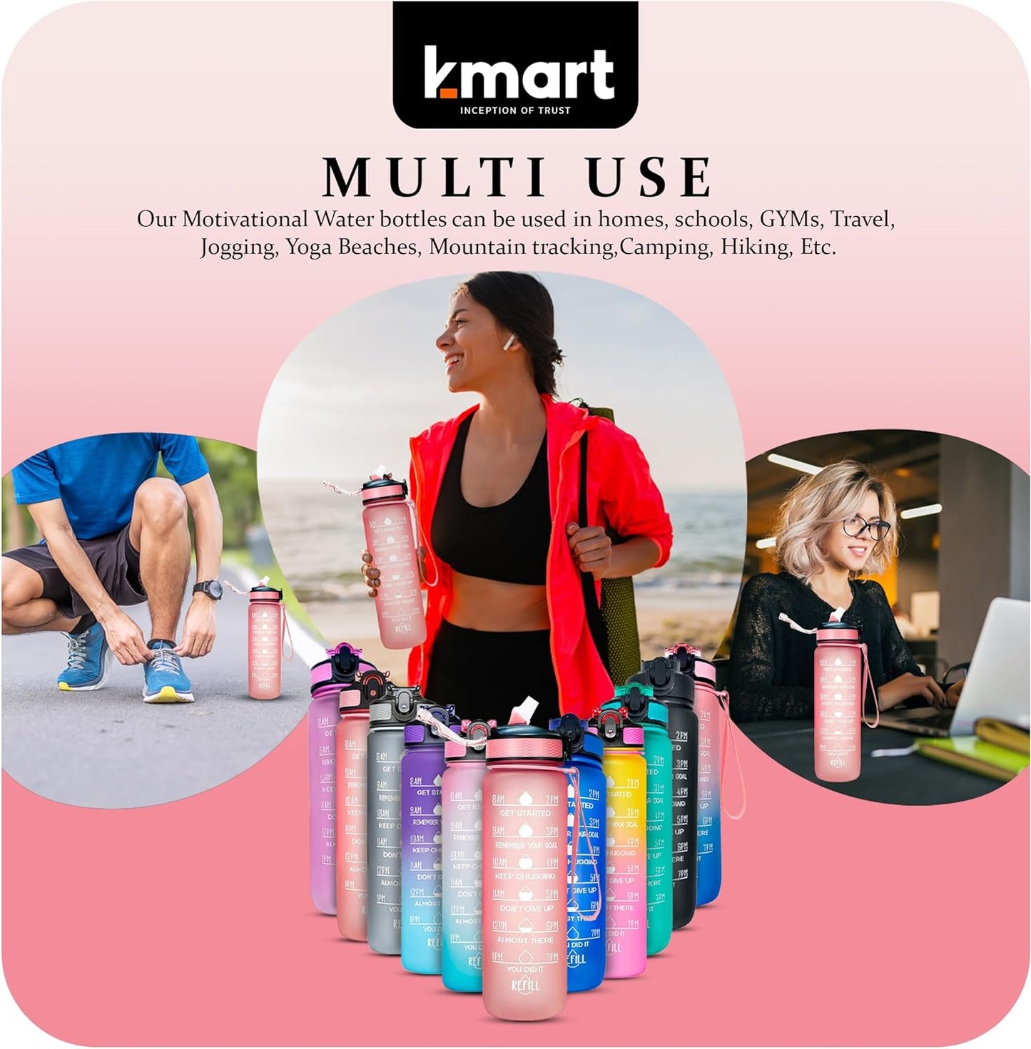 K-MART Sports Water Bottle with Straw and Time Marking, and 32OZ Capacity - Motivational and Eco-Friendly BPA-Free Bottle for Running, Gym, Yoga, Outdoors, and Camping