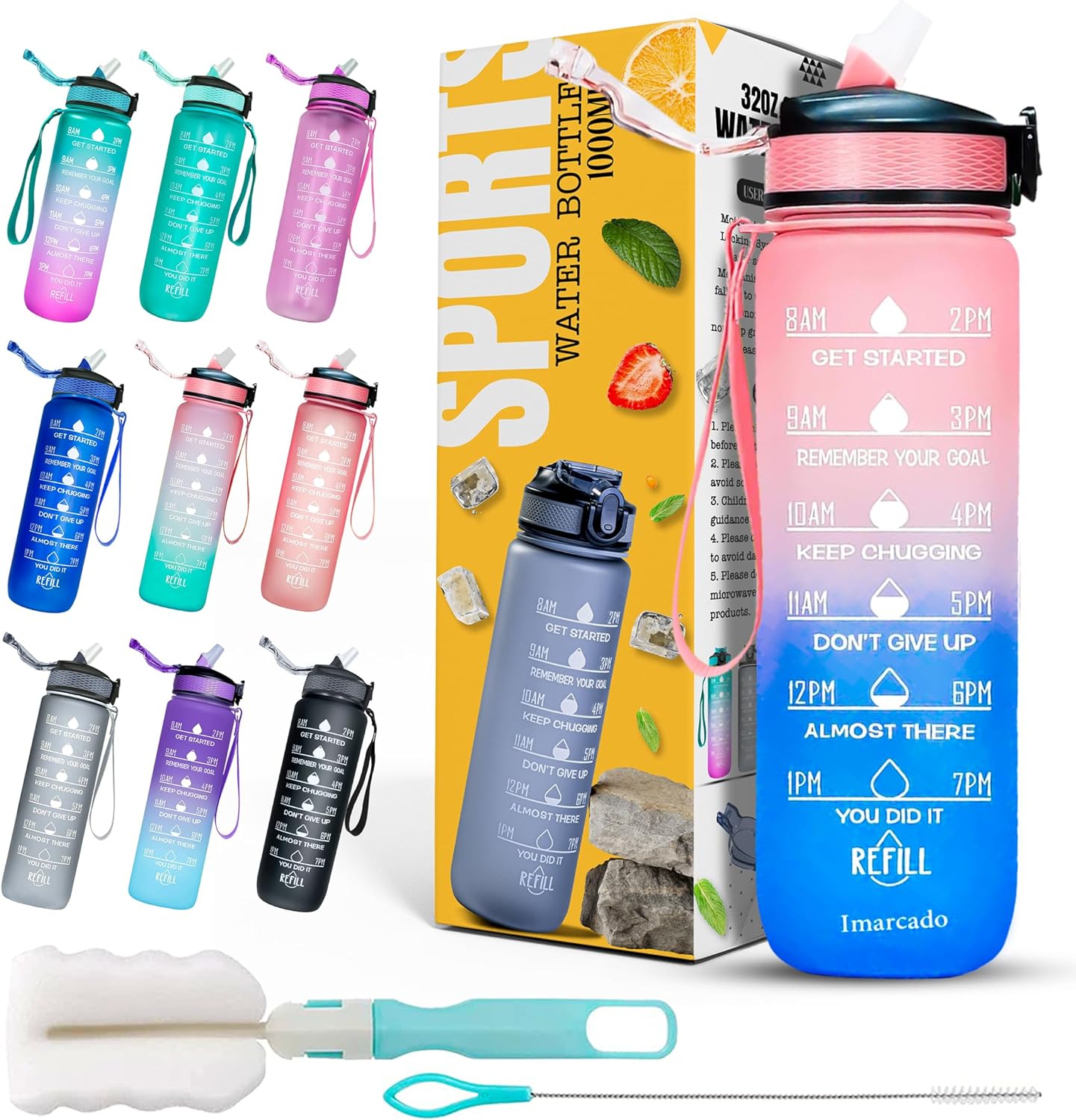 K-MART Sports Water Bottle with Straw and Time Marking, and 32OZ Capacity - Motivational and Eco-Friendly BPA-Free Bottle for Running, Gym, Yoga, Outdoors, and Camping