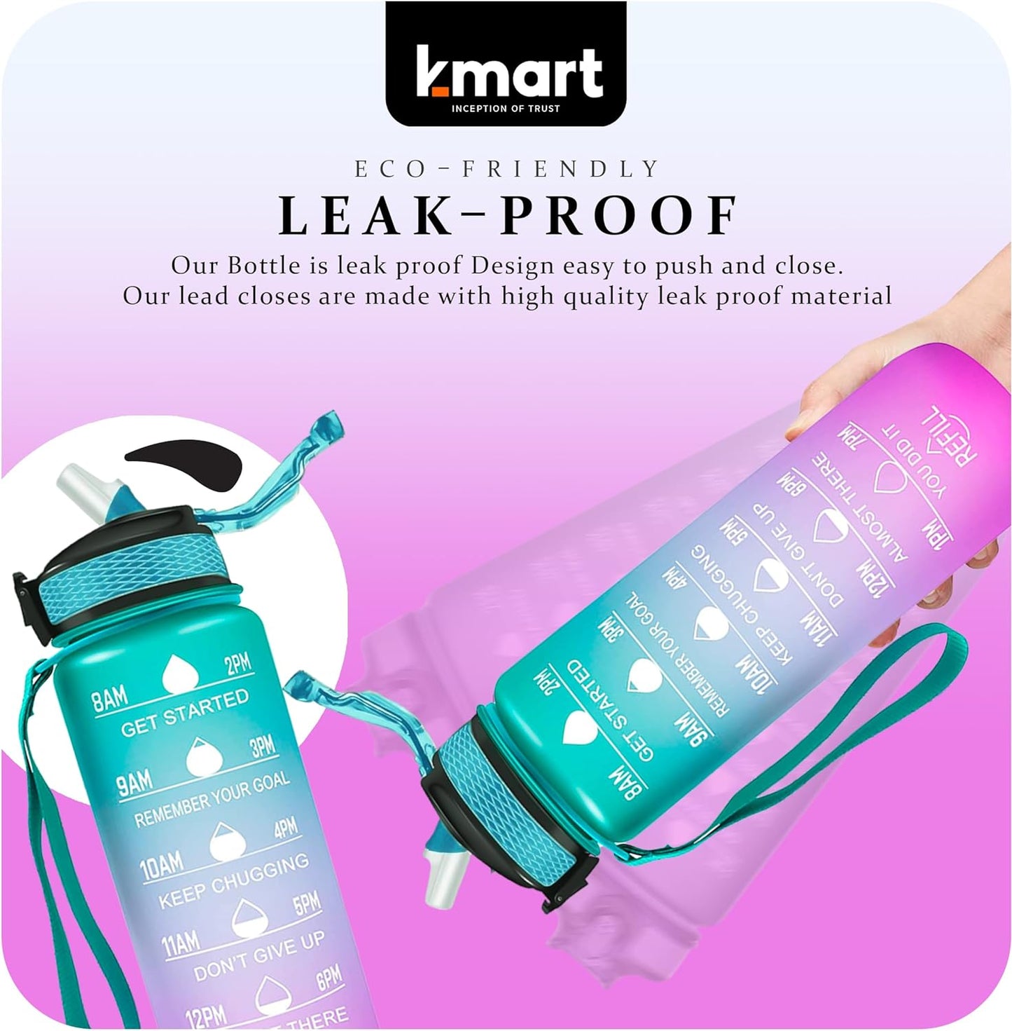 K-MART Sports Water Bottle with Straw and Time Marking, and 32OZ Capacity - Motivational and Eco-Friendly BPA-Free Bottle for Running, Gym, Yoga, Outdoors, and Camping