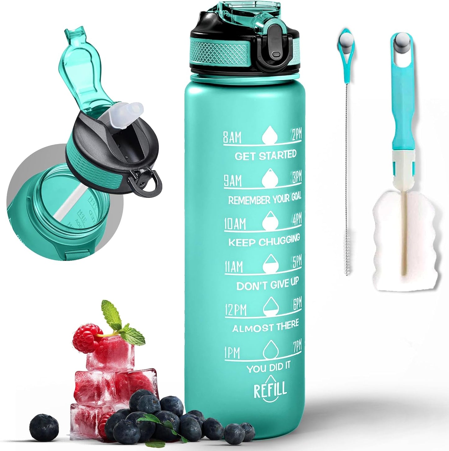 K-MART Water Bottle 1000ml Sports Water Bottle with Motivational Time Marker & Straw, Dishwasher Safe Leak-proof Drink Bottle BPA Free Non-Toxic Tritan Material 1 Click Open for Running Gym