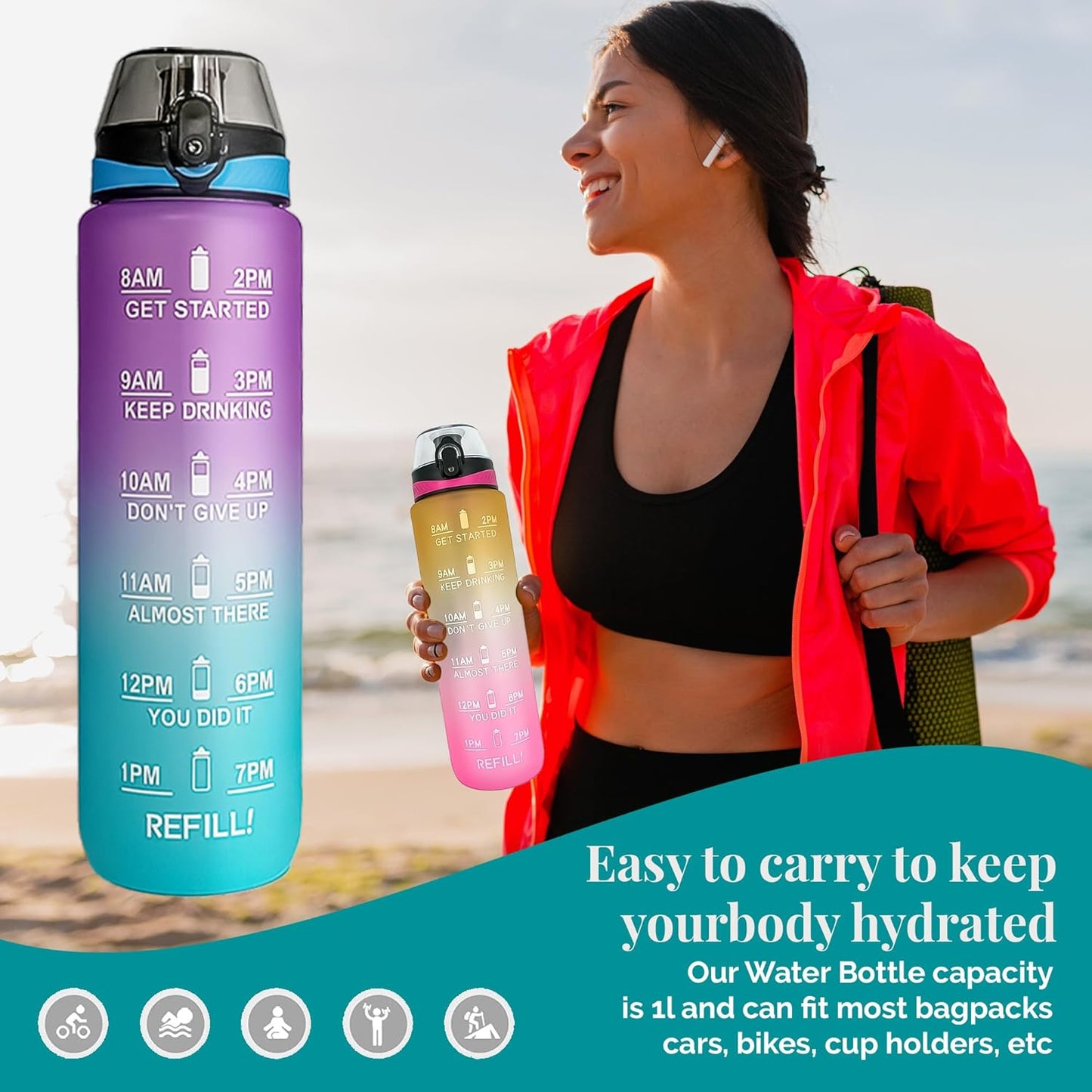 K-MART Water Bottle 1L Sports Water Bottle with Motivational Time Marker, Dishwasher Safe Leak-proof Drink Bottle BPA Free Non-Toxic for Running,cycling, Gym, School & Office