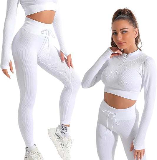 K-MART Gym sets for women 2 piece zip up jacket Workout outfits, Cropped Top, Long Sleeve, Leggings Set for Running, Yoga, Gym, Sports Activity