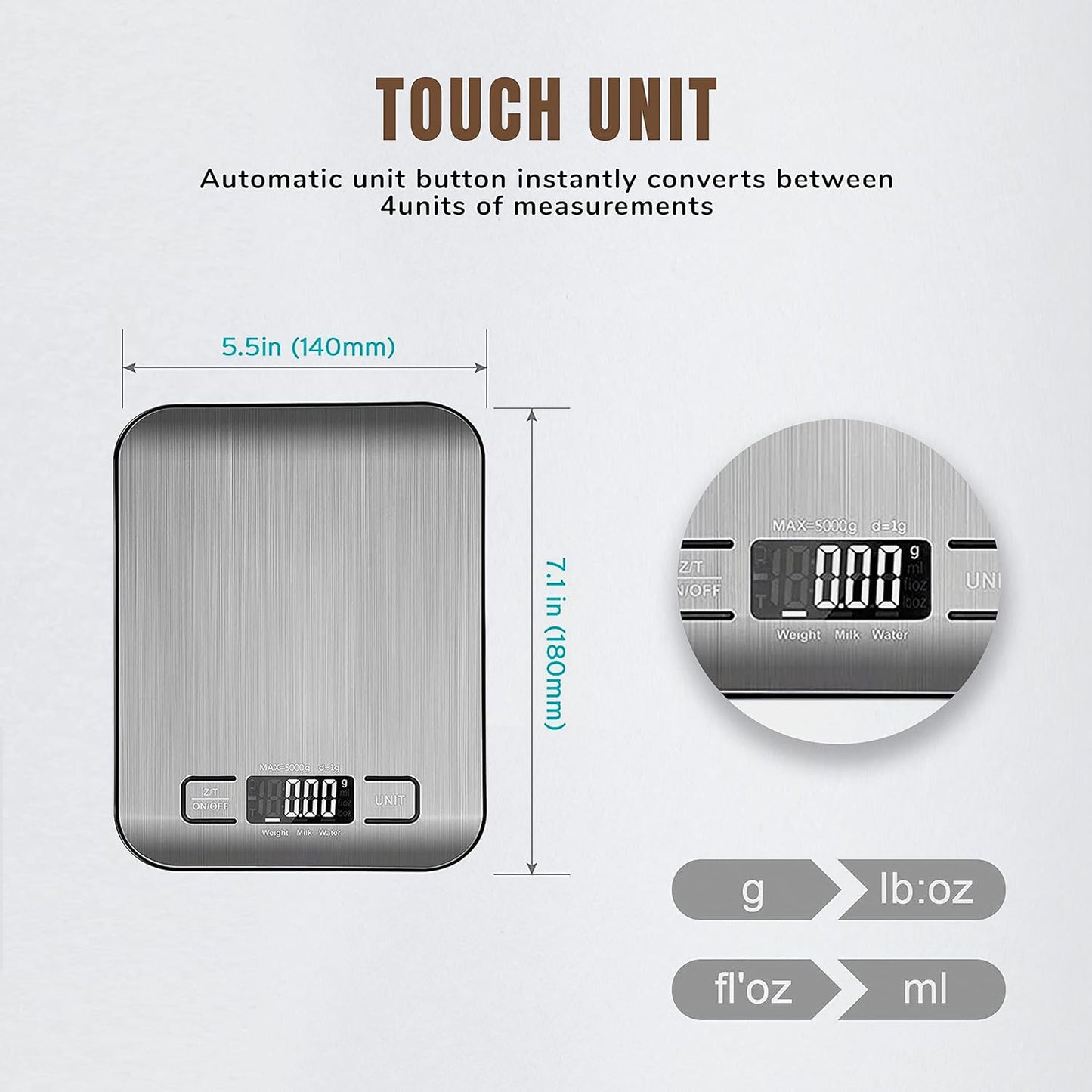 K-MART Digital Kitchen Scales, Rechargeable Kitchen Scales Digital 1g/0.035Oz Precision For Weight Loss, Baking, Cooking | LCD Display, Stainless Steel Ideal For Keto And Meal Prep | Food Scales